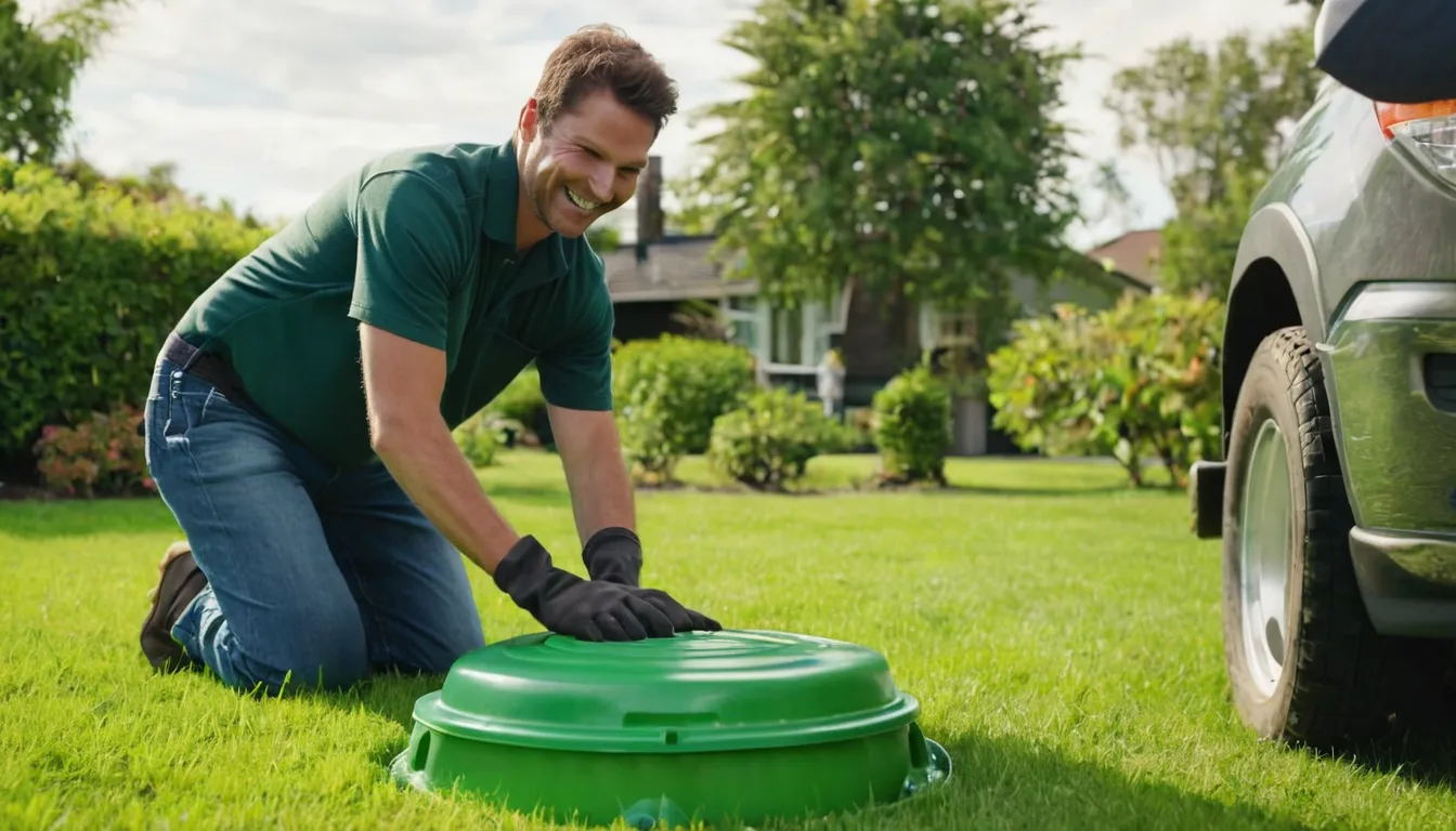 Provider checking a septic tank lid in a yard in the Helena area